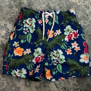 Boys Blue Floral & Dinosaur Print Swim Trunks